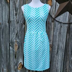 Blue Chevron Stripe Dress Jude Connally MaryPat Sz XS Sleeveless Pockets Stretch